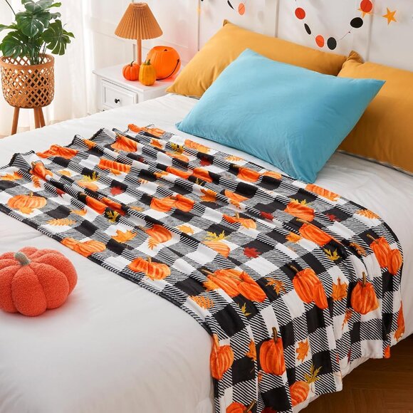 Pumpkin Leaf Fall Plaid Throw Blanket -Cozy 50"x60" Autumn Decor for Couch & Bed - Picture 3 of 7